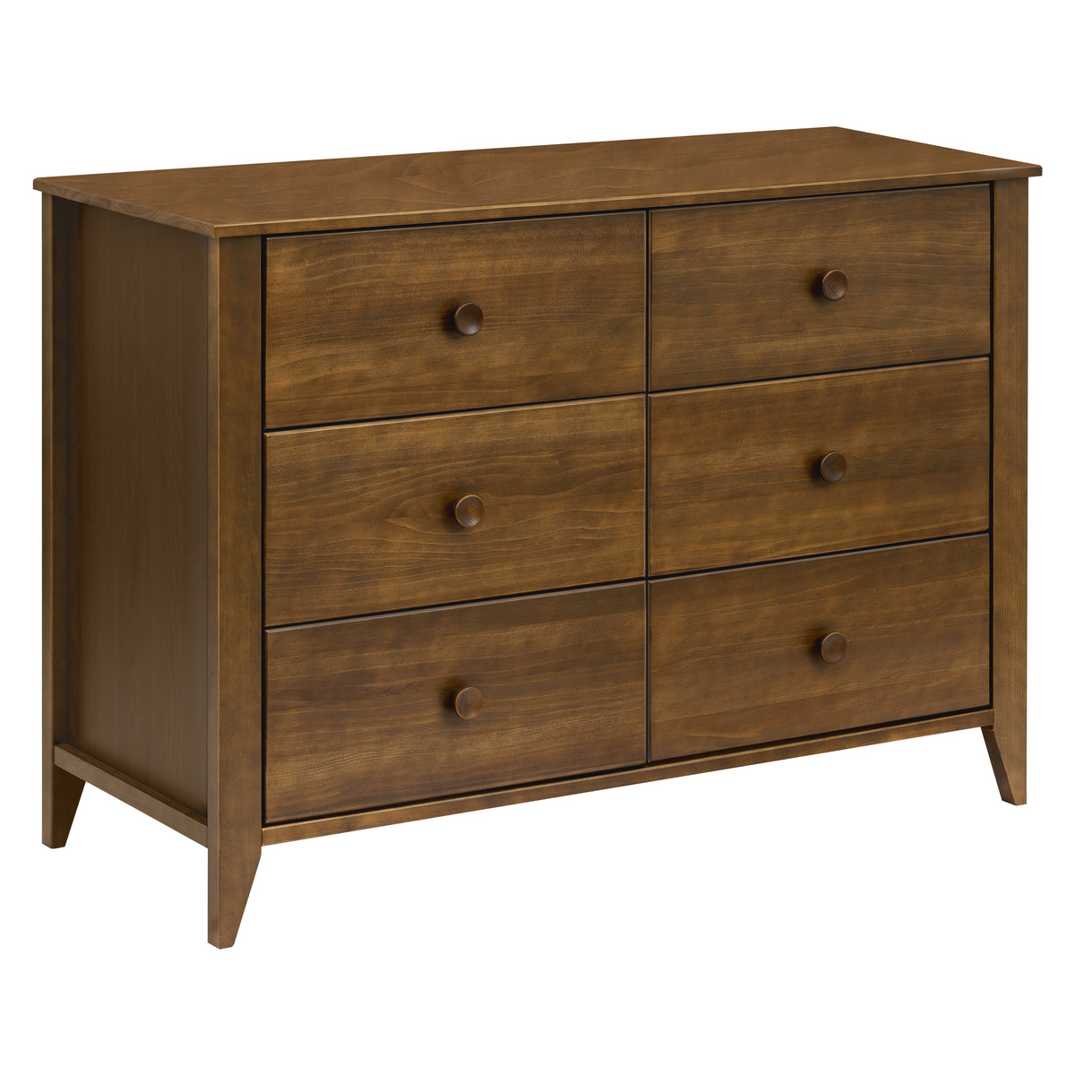Three-quarter view of Sprout 6-Drawer Double Dresser showcasing six drawers and natural walnut finish with white background