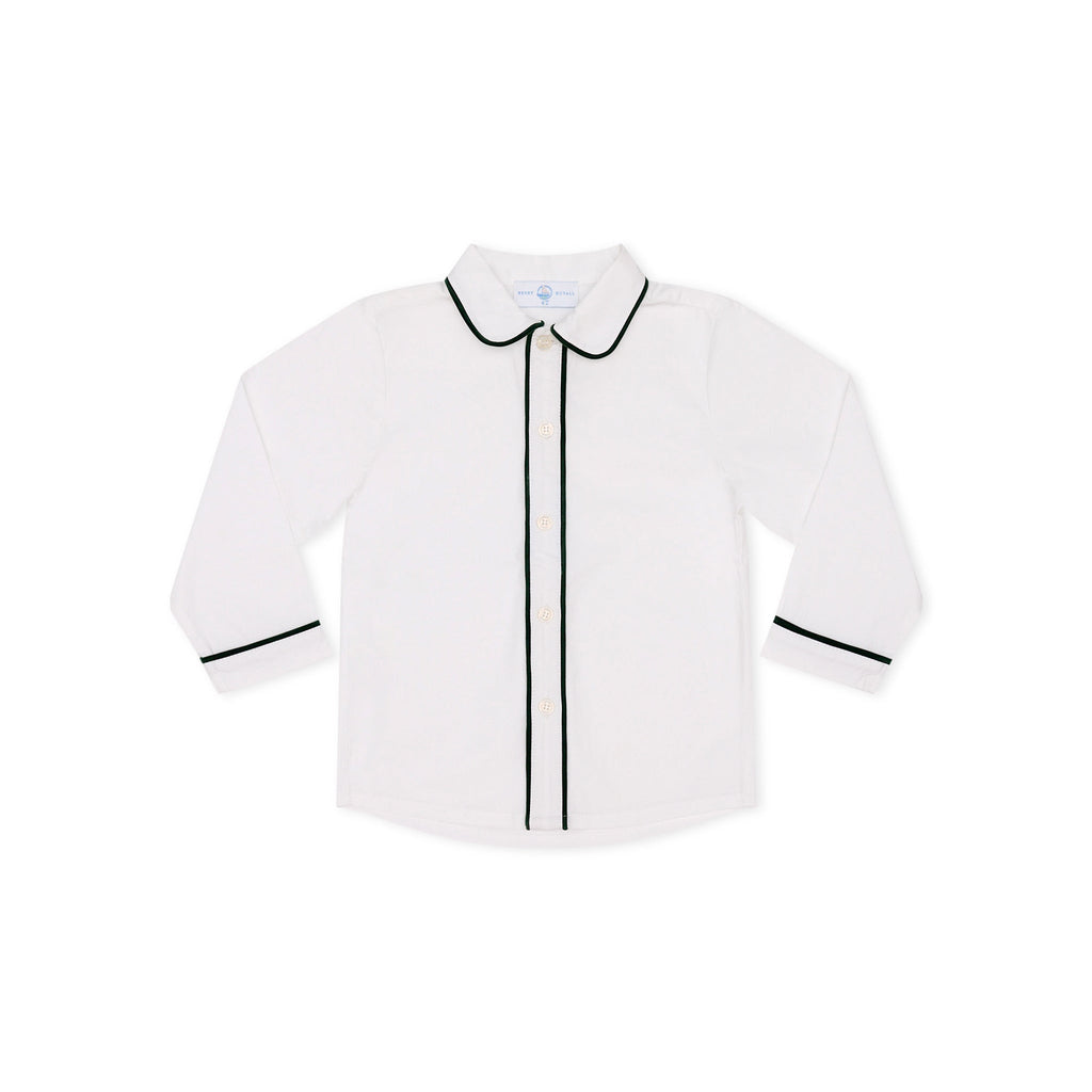 Front view of Sullivan Shorts Set shirt showcasing green piping and Peter Pan collar on a white background
