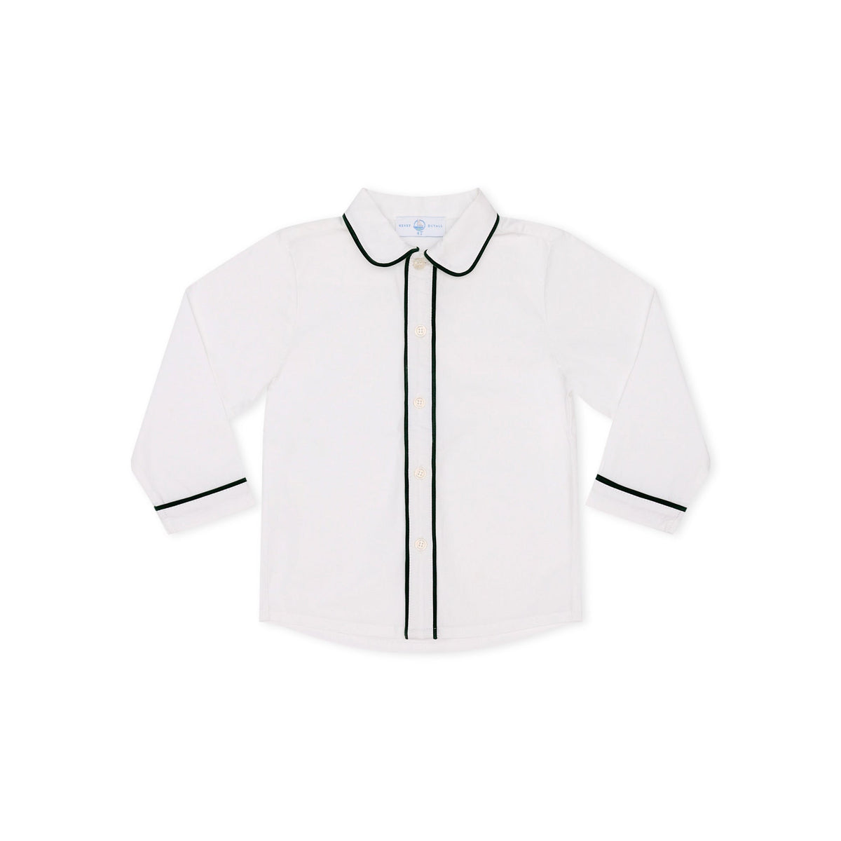 Front view of Sullivan Shorts Set shirt showcasing green piping and Peter Pan collar on a white background