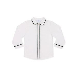 Front view of Sullivan Shorts Set shirt showcasing green piping and Peter Pan collar on a white background