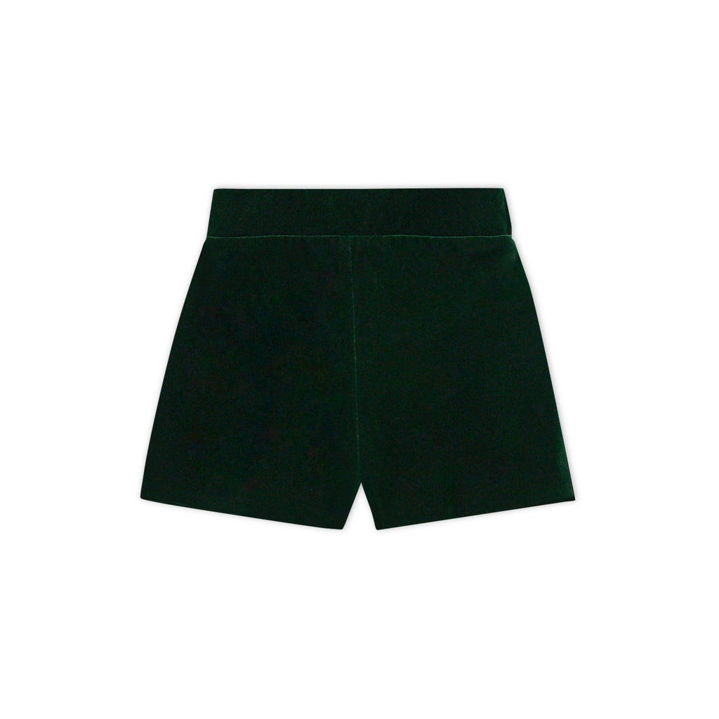 Front view of Sullivan velvet shorts in Grafton Green showcasing the solid velvet fabric on a white background