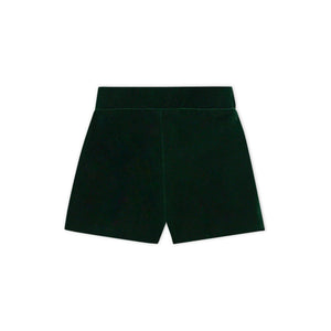 Front view of Sullivan velvet shorts in Grafton Green showcasing the solid velvet fabric on a white background