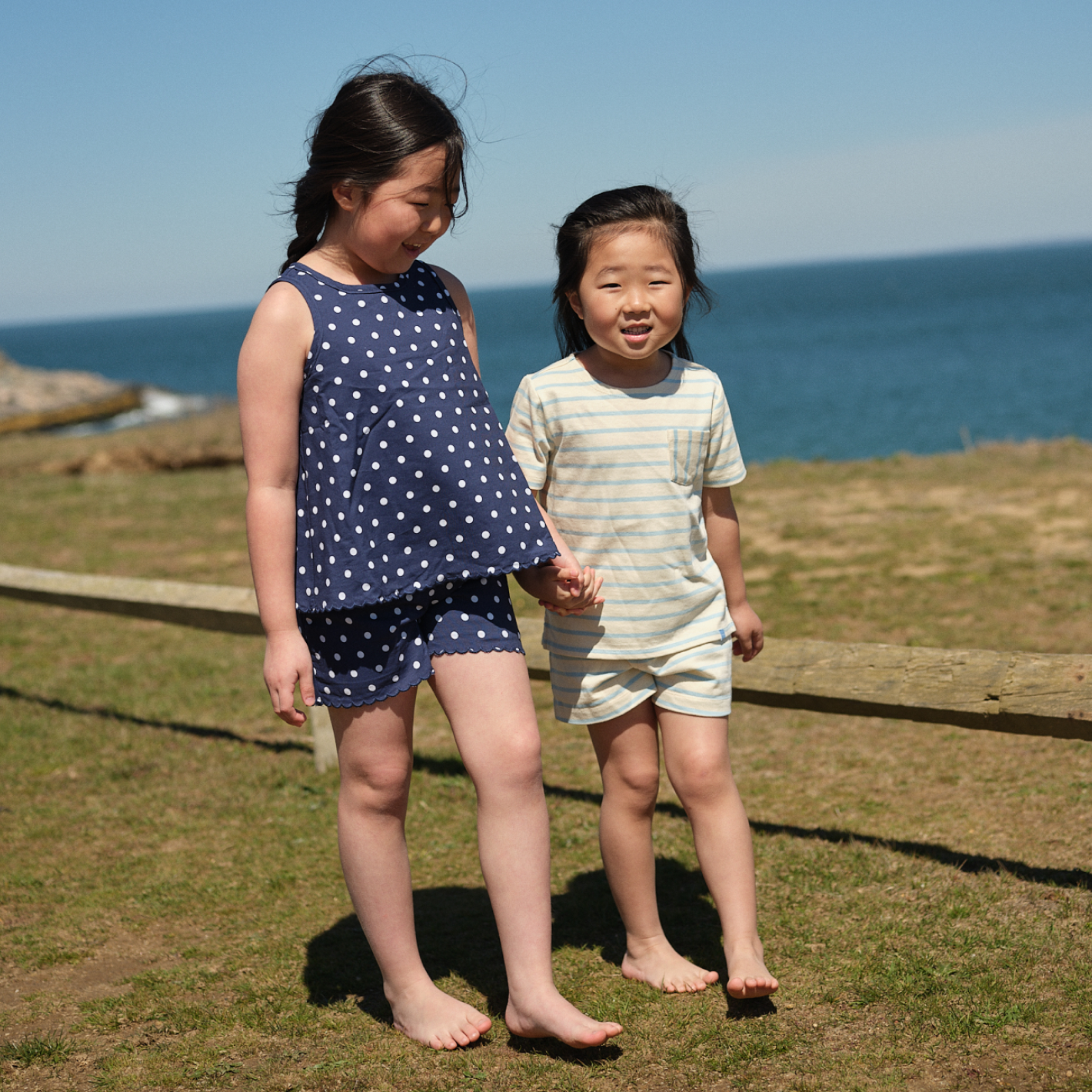 Unisex Cream And Powder Blue Stripe Shorts