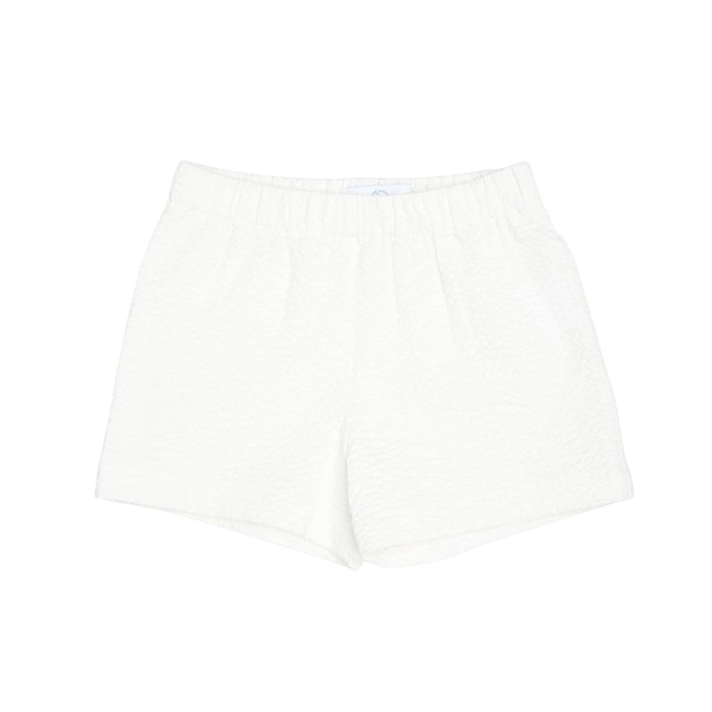 Front flat lay of Liam Shorts in Classic White Seersucker showing elastic waistband and seersucker texture on white background