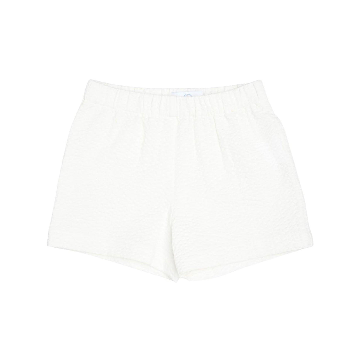 Front flat lay of Liam Shorts in Classic White Seersucker showing elastic waistband and seersucker texture on white background