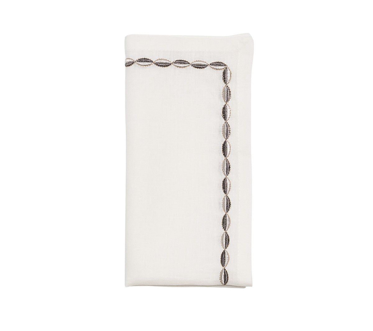 Front view of Swag Napkin in White, Gunmetal and Silver, Set of 4 showcasing embroidered marquee shapes along the border with a white background