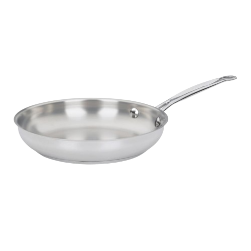 Angled view of Chef’s Classic 10-inch stainless steel skillet showcasing its long riveted handle on a transparent background