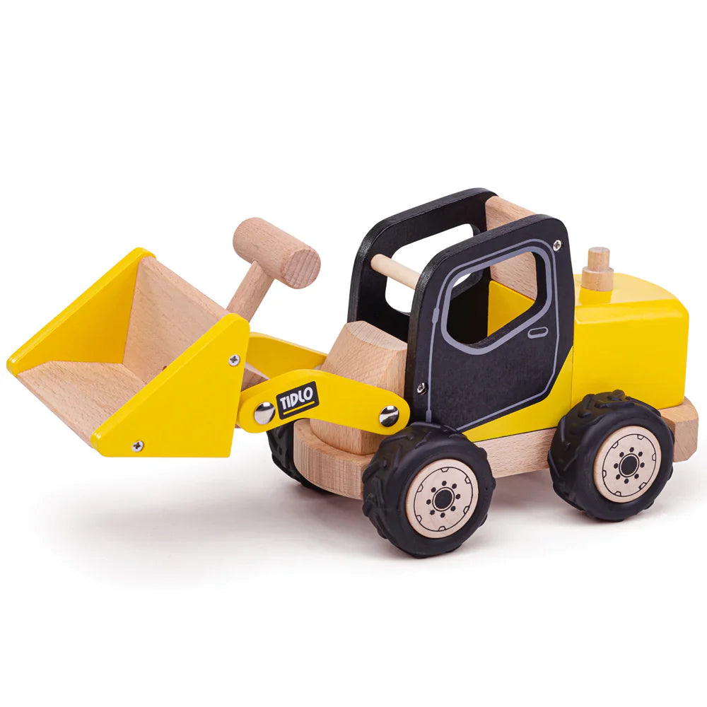 Three-quarter view of Tidlo front loader wooden toy with movable yellow bucket, open cab and chunky rubber tires on white background