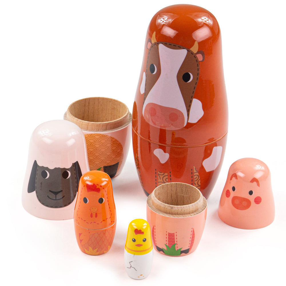 Front view of Farm Animal Russian Dolls showcasing colorful nesting animal designs on a white background