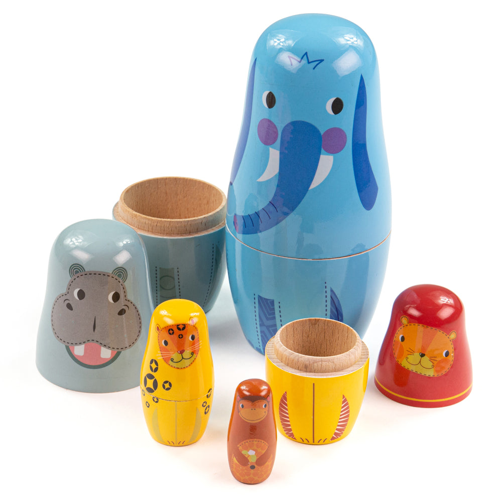 Front view of Jungle Animal Russian Dolls with elephant, hippo, tiger, lion and monkey designs on white background