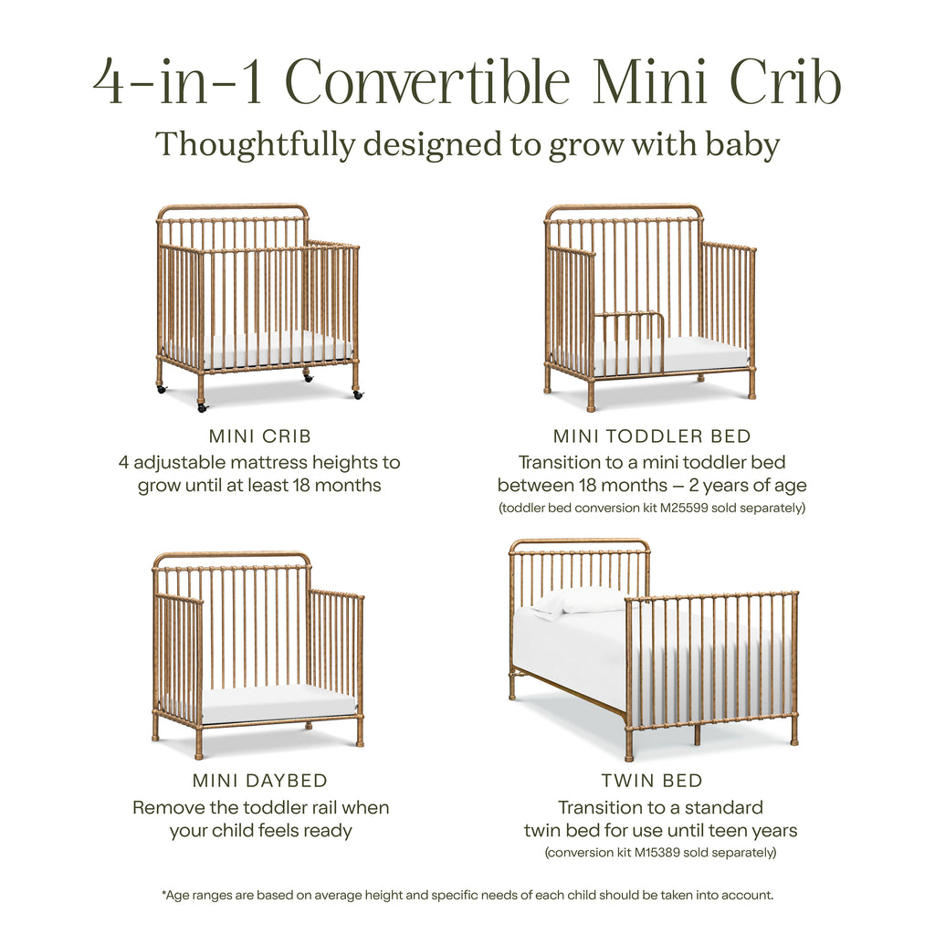 Winston 4-in-1 Convertible Mini Crib in Vintage Gold