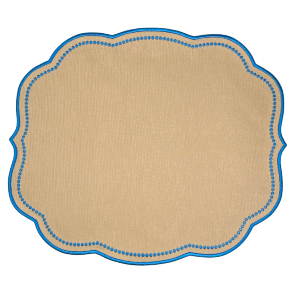 Tan luxury placemat with blue scalloped embroidered edge 