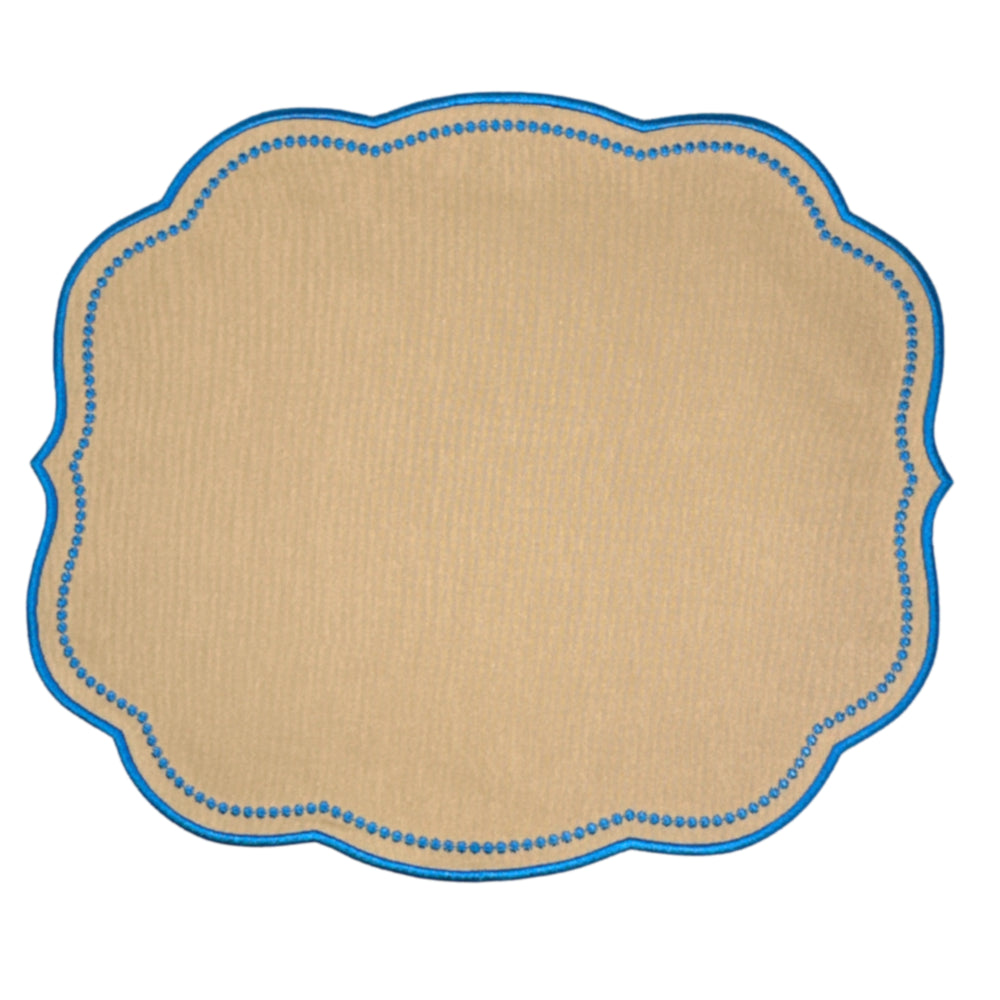 Tan luxury placemat with blue scalloped embroidered edge 