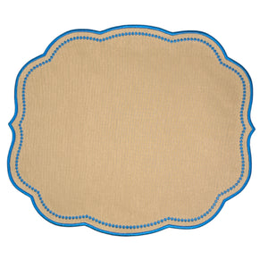 Tan luxury placemat with blue scalloped embroidered edge 
