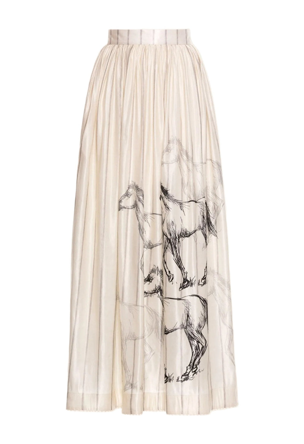 Front view of Tangelo Arena Maxi Skirt showcasing softly pleated A-line shape and hand-illustrated horse print with white background