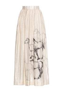 Front view of Tangelo Arena Maxi Skirt showcasing softly pleated A-line shape and hand-illustrated horse print with white background