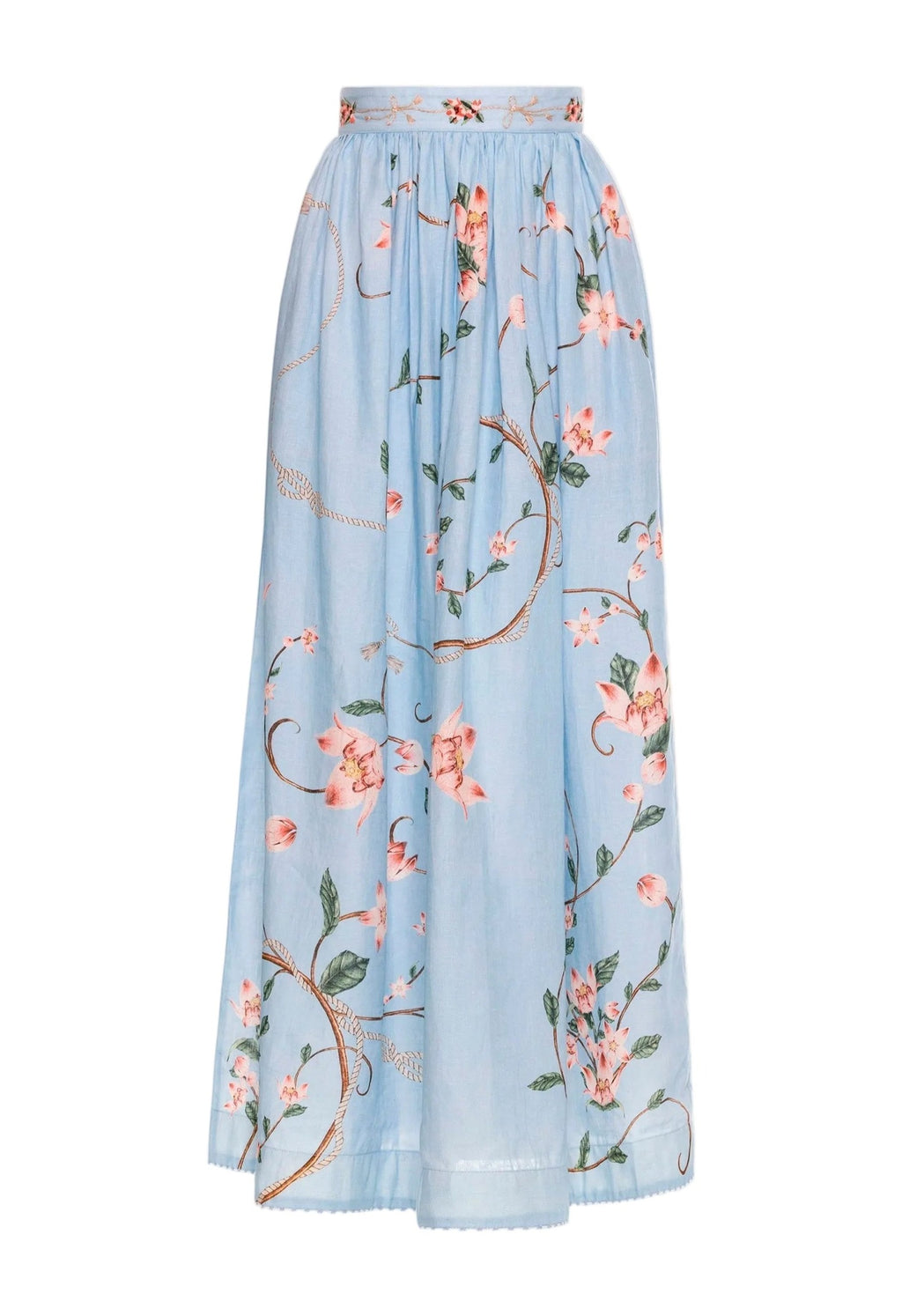 Front view of Tangelo Navegante Maxi Skirt showcasing gathered waist and hand-embroidered detailing on soft blue floral linen