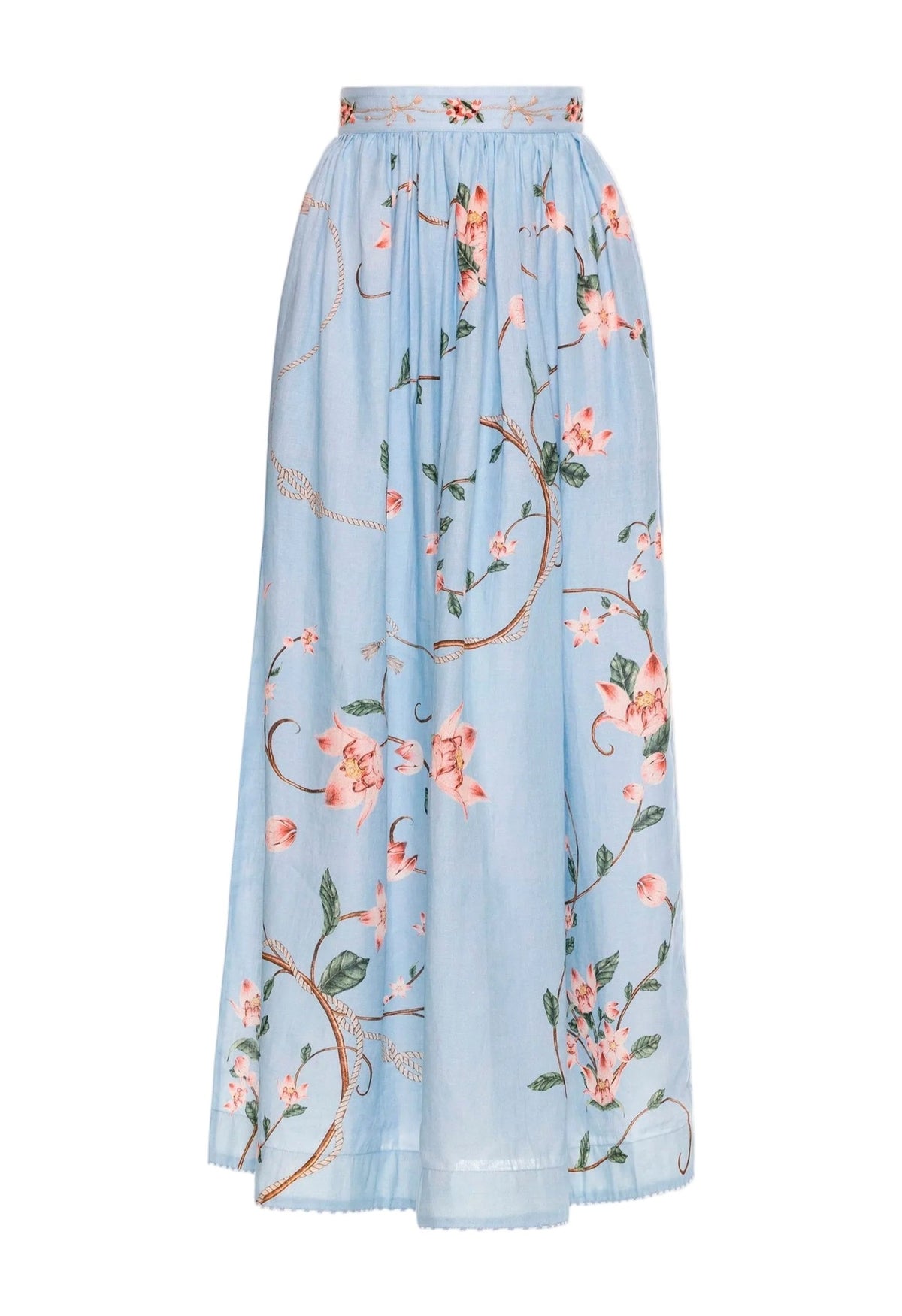 Front view of Tangelo Navegante Maxi Skirt showcasing gathered waist and hand-embroidered detailing on soft blue floral linen
