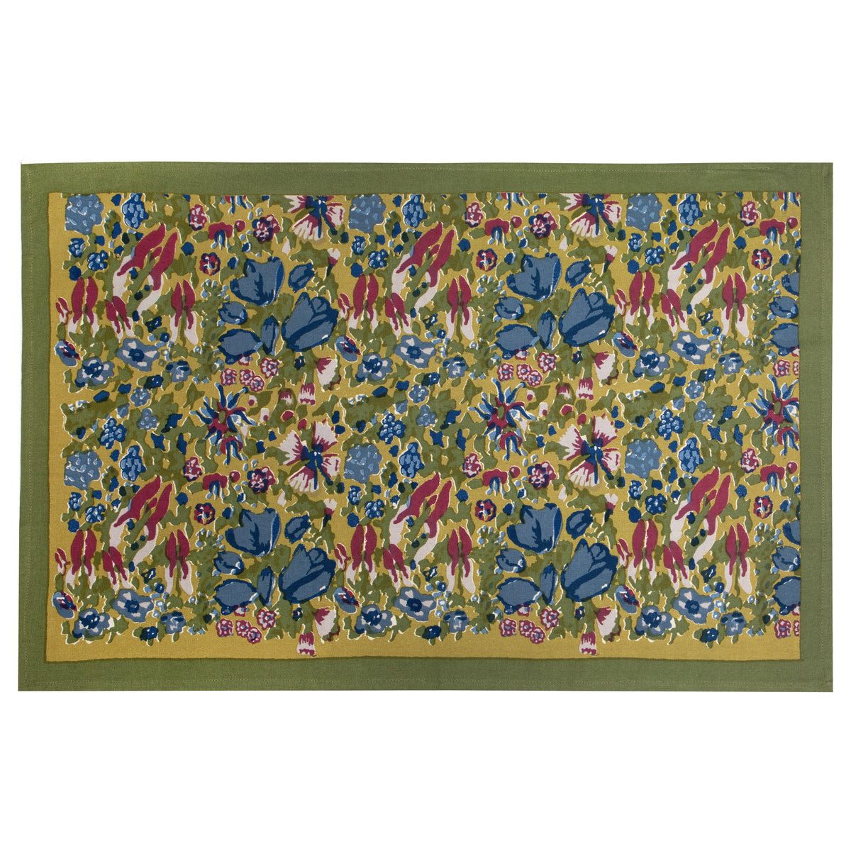 Close-up of Jardin Tea Towels Blue & Vert, Set of 3 showcasing a colorful floral pattern and green border on a white background