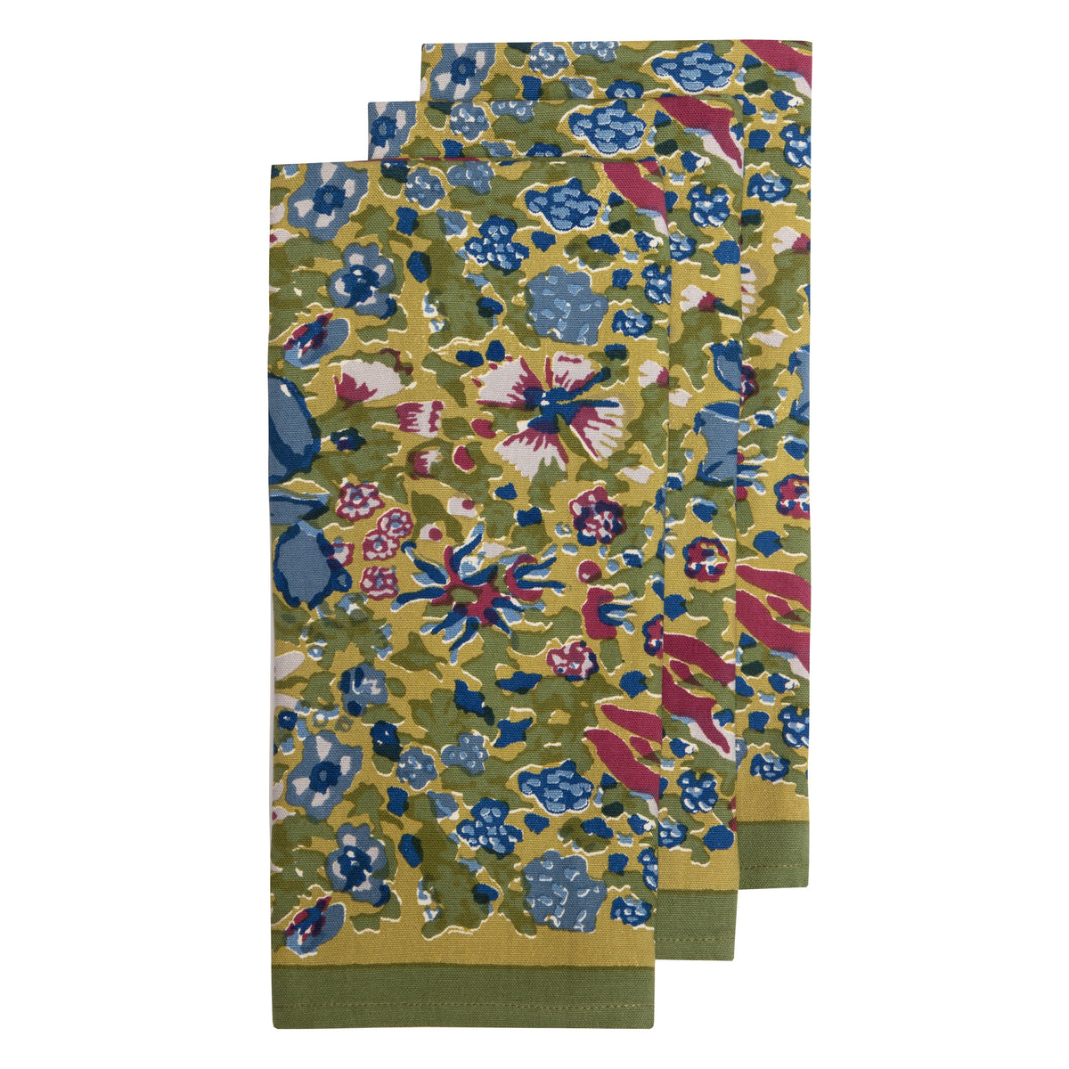 Front view of Jardin Tea Towels Blue & Vert, Set of 3 showcasing lively floral pattern with white background