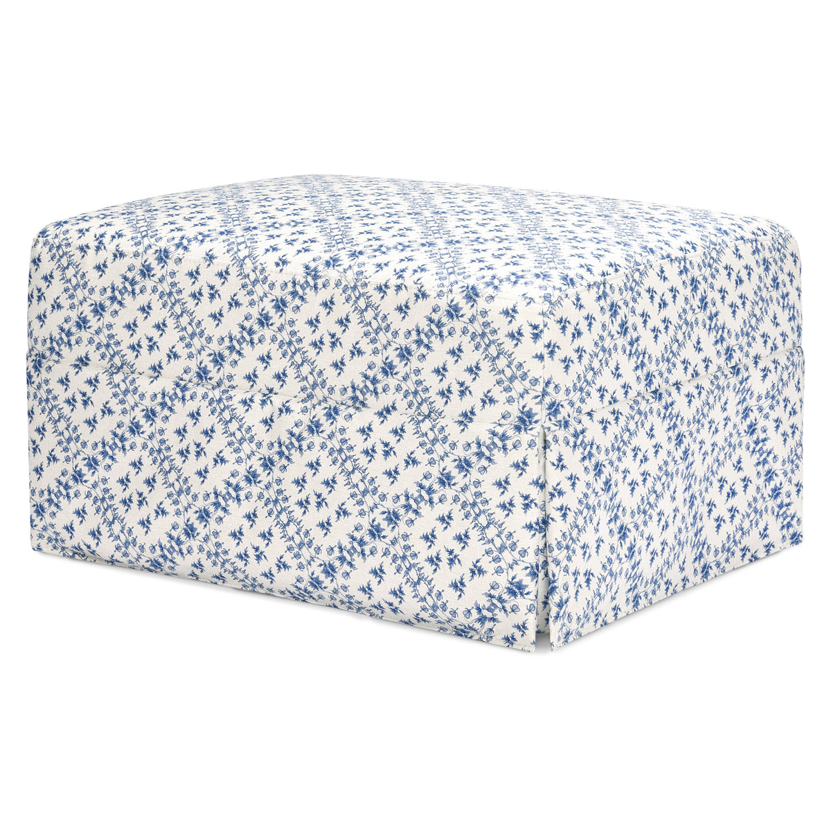 Three-quarter view of Crawford gliding ottoman in blue lattice performance eco-weave with skirted base on white background