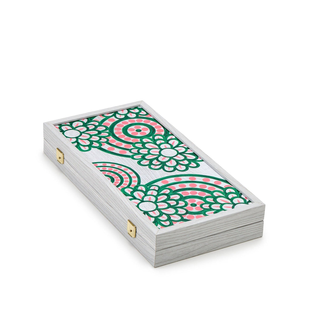 Angled view of Anthos Backgammon wooden box showing green and pink floral pattern and gold latches on white background