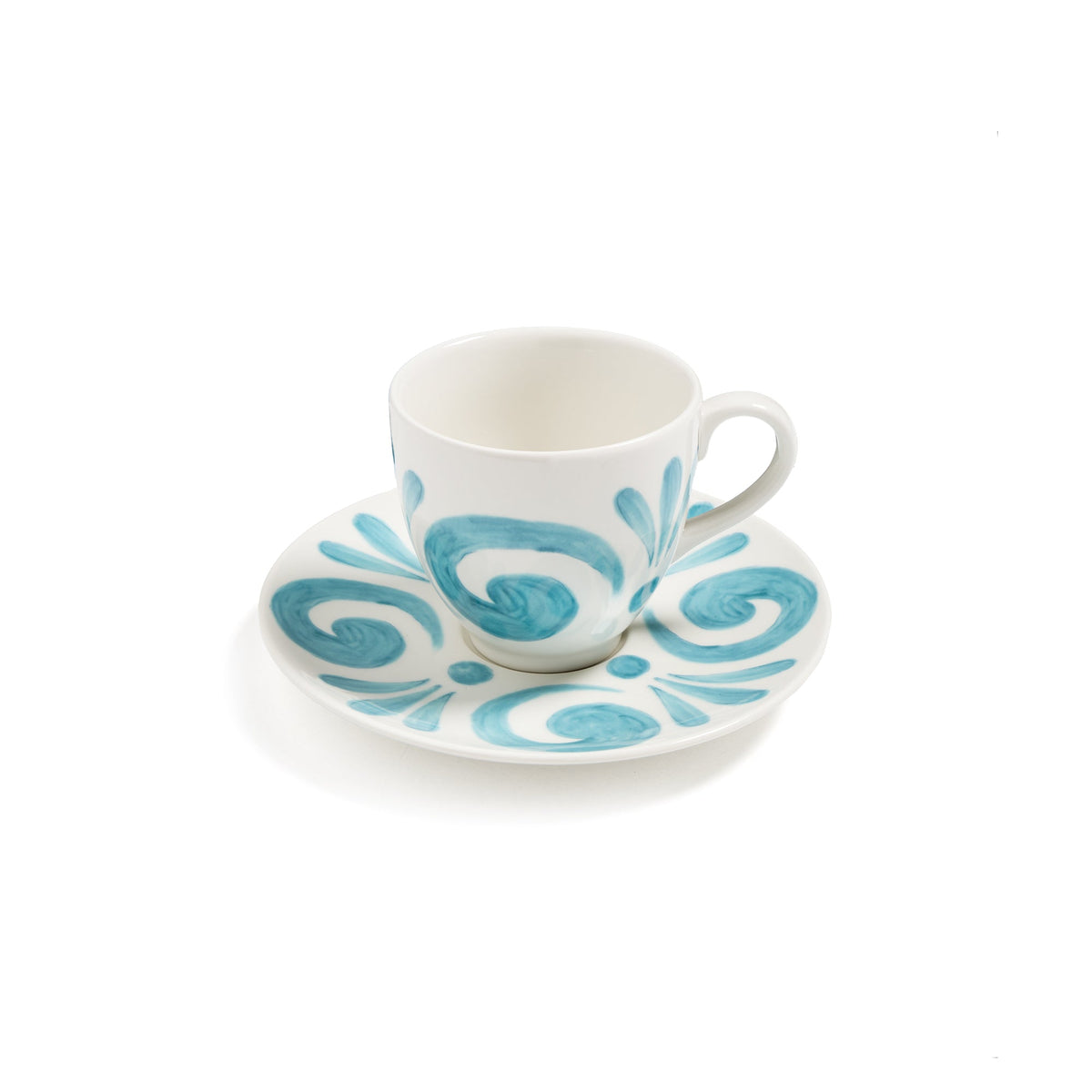 Front view of Kallos Coffee Cup in Aqua showcasing hand-painted aqua pattern on cup and saucer with white background
