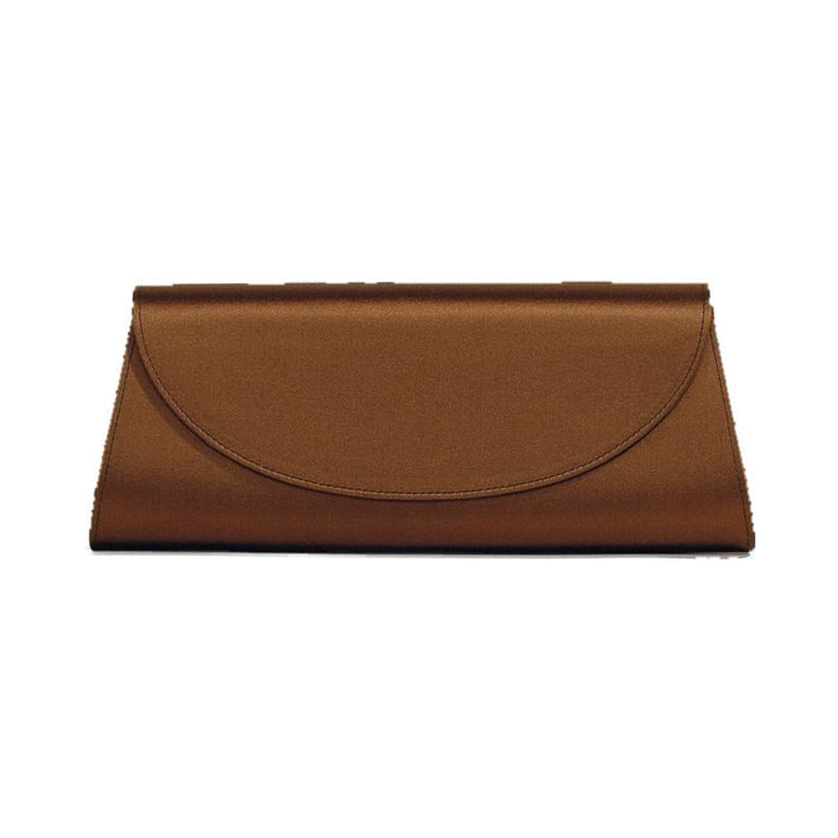 Front view of The Opera Clutch in dark brown satin showcasing its curved flap and minimalist silhouette with a white background