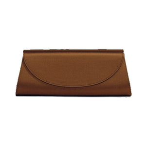 Front view of The Opera Clutch in dark brown satin showcasing its curved flap and minimalist silhouette with a white background