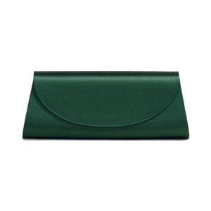 Front view of The Opera Clutch showcasing its minimalist emerald satin silhouette with a white background