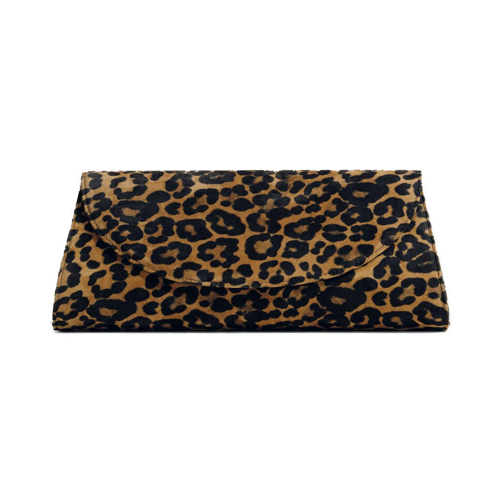 Front view of The Opera Clutch showcasing leopard-patterned suede and a curved flap on a white background