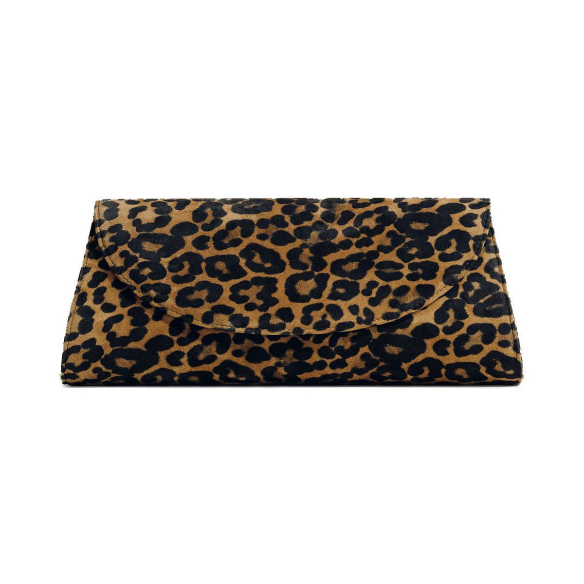 Front view of The Opera Clutch showcasing leopard-patterned suede and a curved flap on a white background