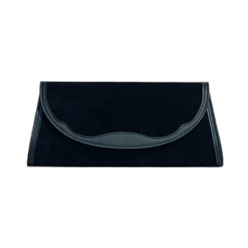 Front view of The Opera Clutch in Black with Western Trim showcasing sculpted Nappa leather trim on a white background