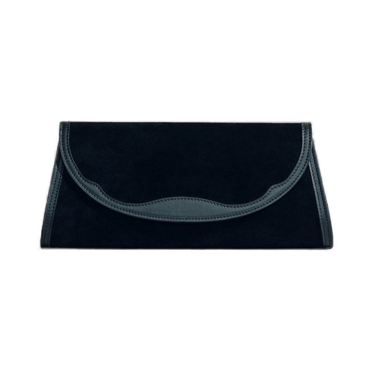 Front view of The Opera Clutch in Black with Western Trim showcasing sculpted Nappa leather trim on a white background