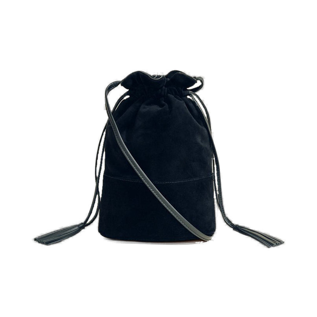 Front view of The Sac in black suede showcasing drawstring closure and elongated tassels with a white background