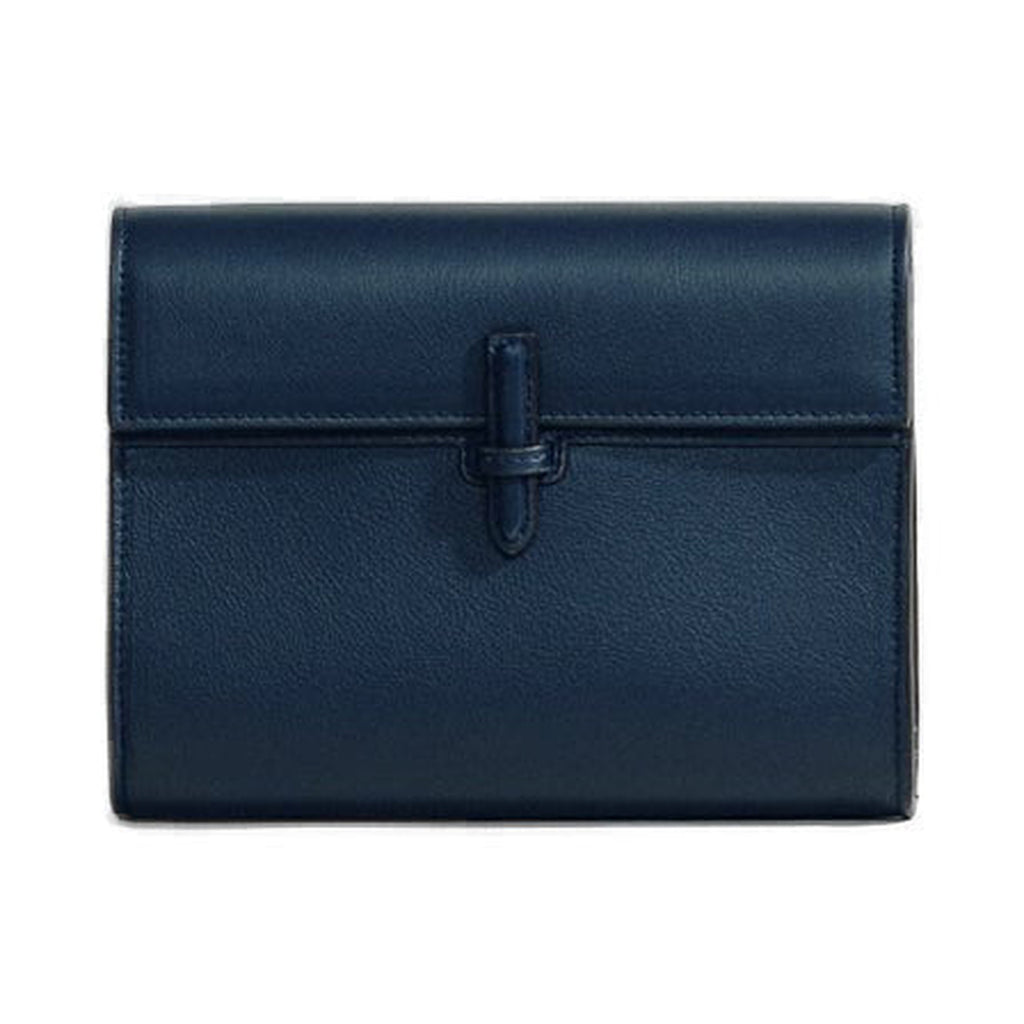 Front view of The Small Soft Clutch in Navy Nappa showcasing its fold-over silhouette and slip-through closure on a white background