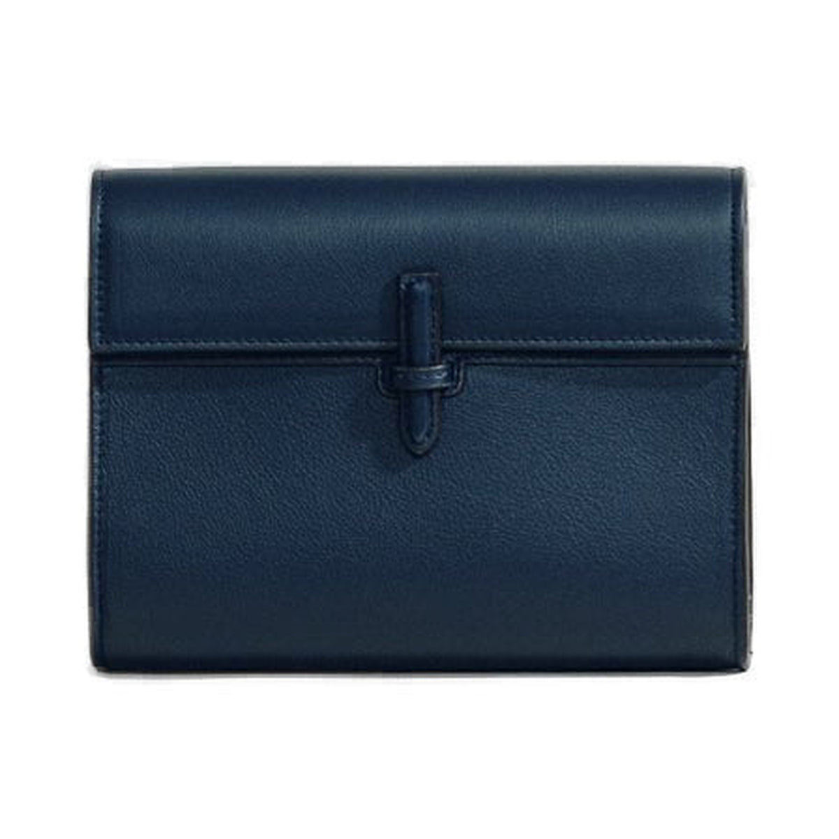Front view of The Small Soft Clutch in Navy Nappa showcasing its fold-over silhouette and slip-through closure on a white background