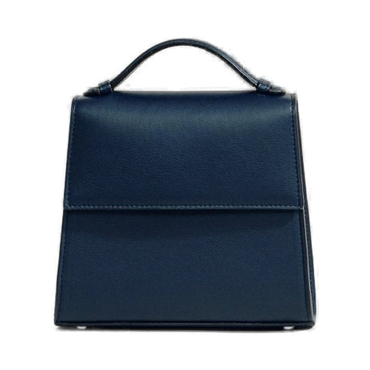 Front view of The Small Top Handle showcasing its rounded top handle and structured navy Nappa leather