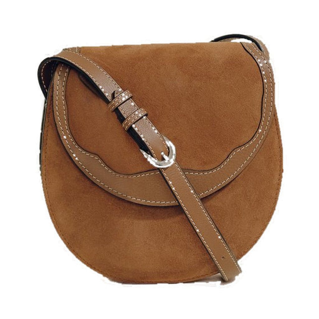 Front view of The Small Western Trim Saddle in cognac suede showcasing Nappa leather contrast trim and adjustable strap
