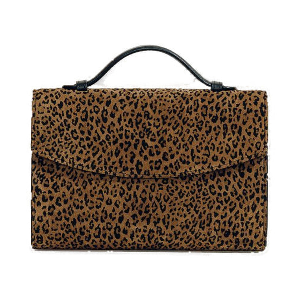 Front view of The Top Handle Clutch in Animal Print Nappa showcasing its top handle on a white background