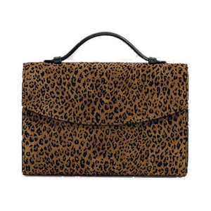 Front view of The Top Handle Clutch in Animal Print Nappa showcasing its top handle on a white background