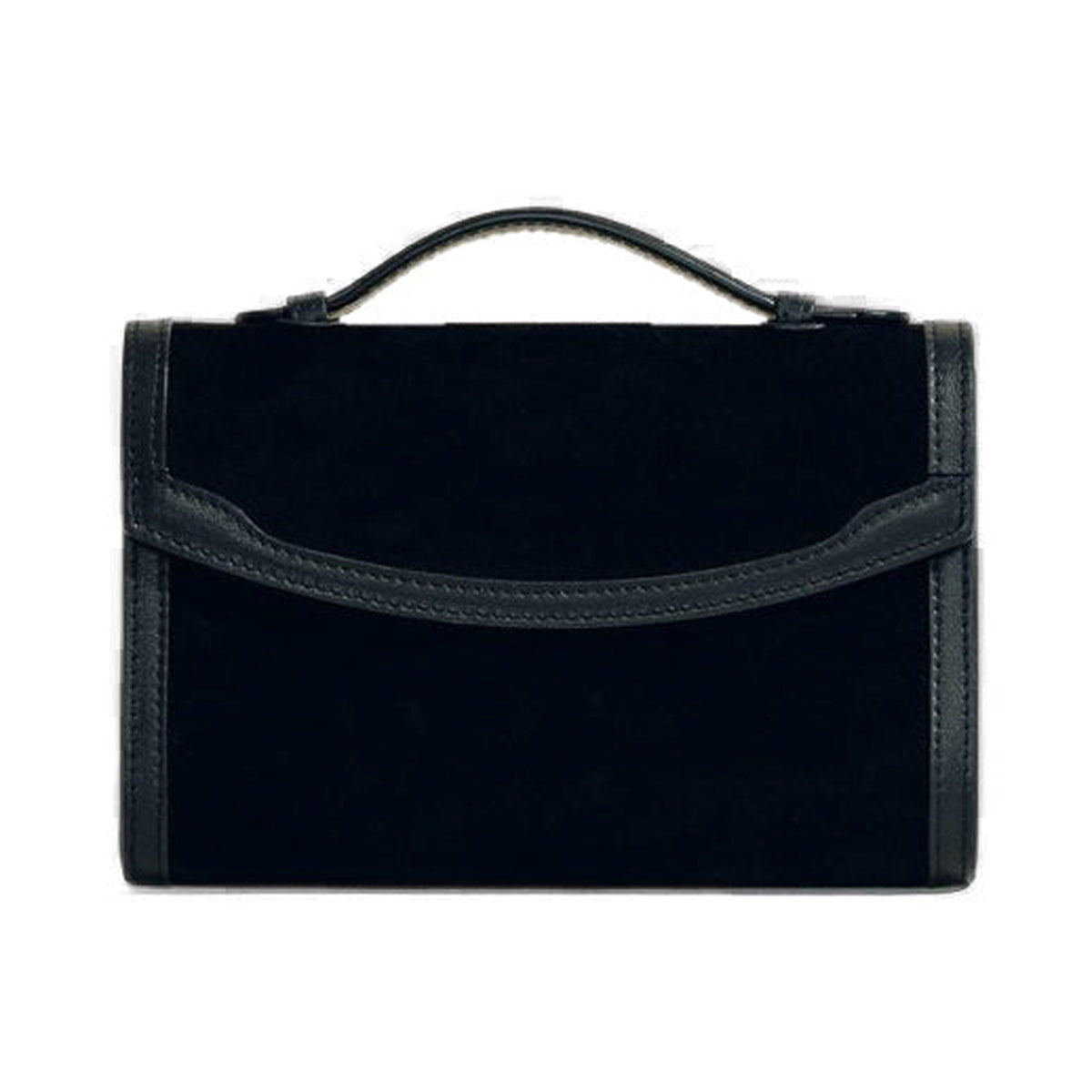 Front view of black suede top handle clutch showcasing sculpted leather trim on a white background