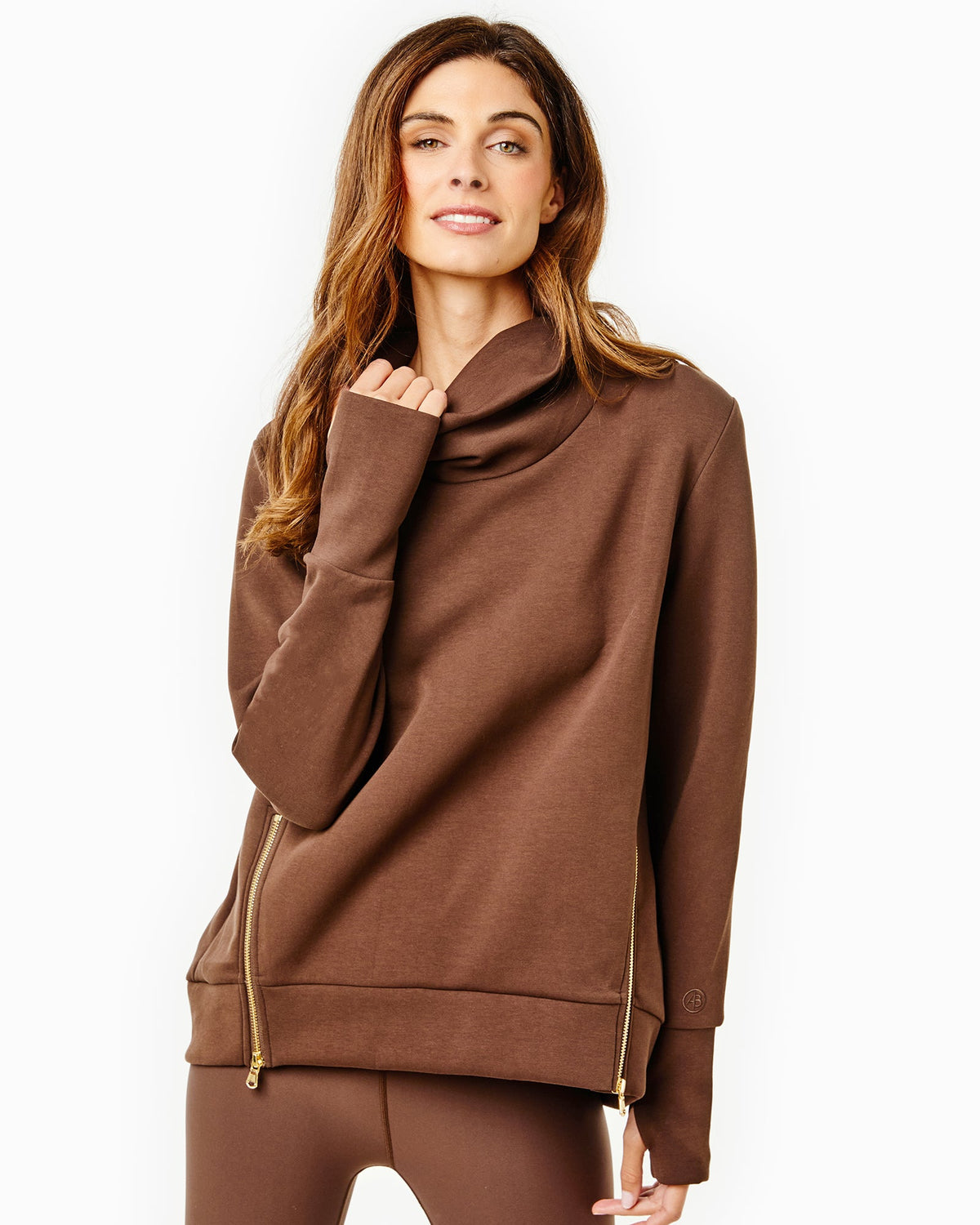 Model is wearing the Everyday Pullover in Chocolate with the Everyday Legging in Chocolate