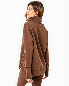 Model is wearing the Everyday Pullover in Chocolate with the Everyday Legging in Chocolate