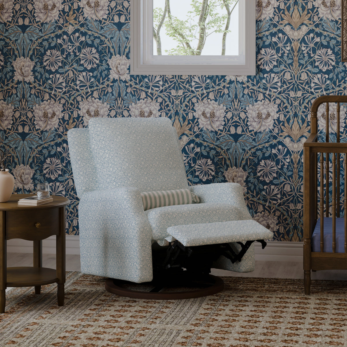 Morris & Co. x Namesake Crewe Recliner and Swivel Glider Bellflowers in Powdered Blue