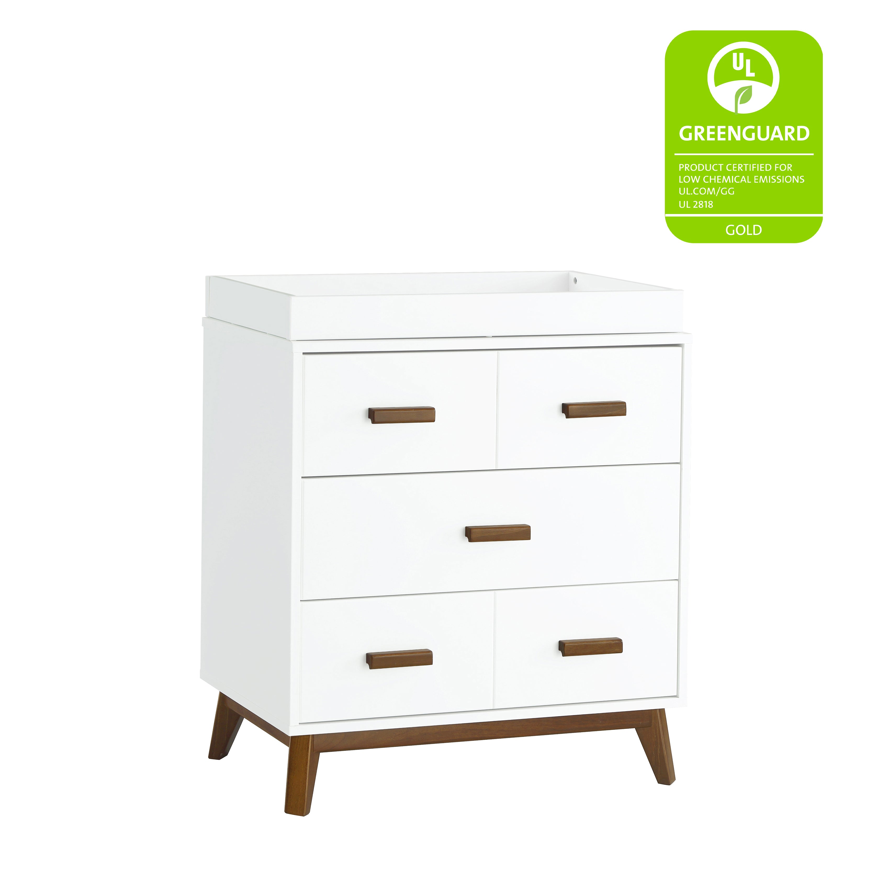 Scoot 3-Drawer Changer Dresser with Removable Changing Tray in White & Natural Walnut