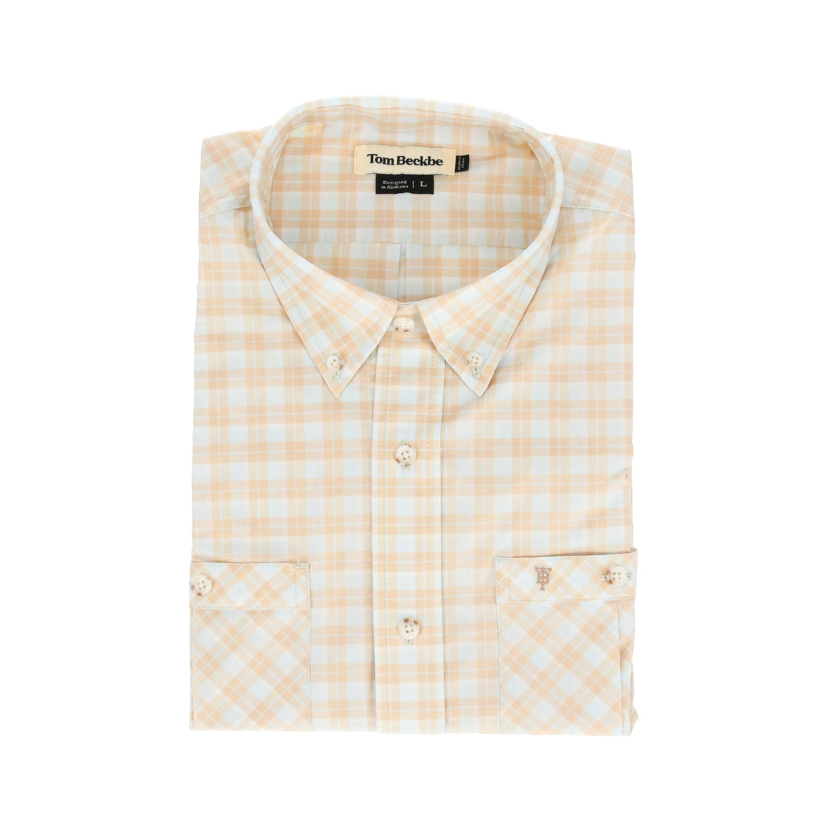 Folded Tidewater plaid summer shirt in beige and white, short sleeves, button-down collar, Tom Beckbe label, size L.