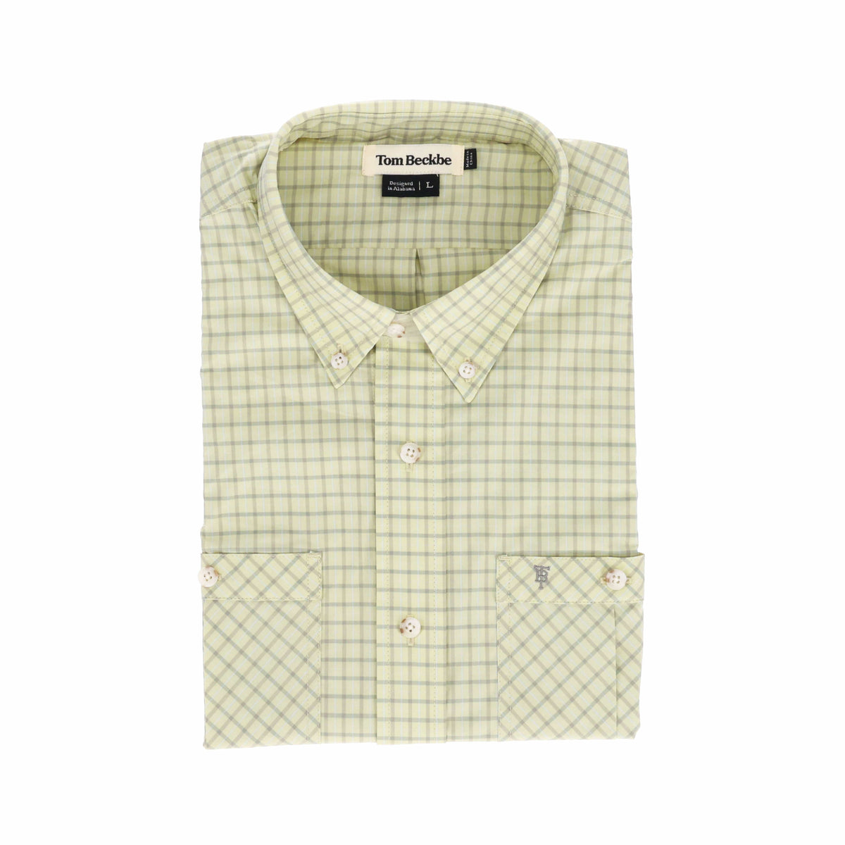 Light green checkered Tidewater Shirt (Short Sleeve) by Tom Beckbe with UPF 30+, button-down collar, folded neatly.