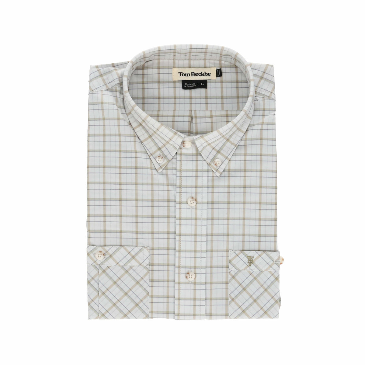 Tom Beckbe Tidewater long sleeve shirt in muted plaid, folded with chest pocket and UPF 30+ protection.