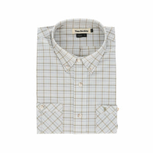 Tom Beckbe Tidewater long sleeve shirt in muted plaid, folded with chest pocket and UPF 30+ protection.